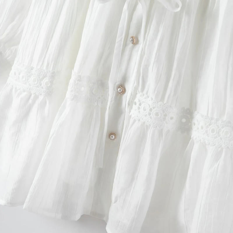 Buddha Stones Abito midi in cotone da donna con maniche lunghe, bottoni e revers, in patchwork di pizzo, con lacci - image 8