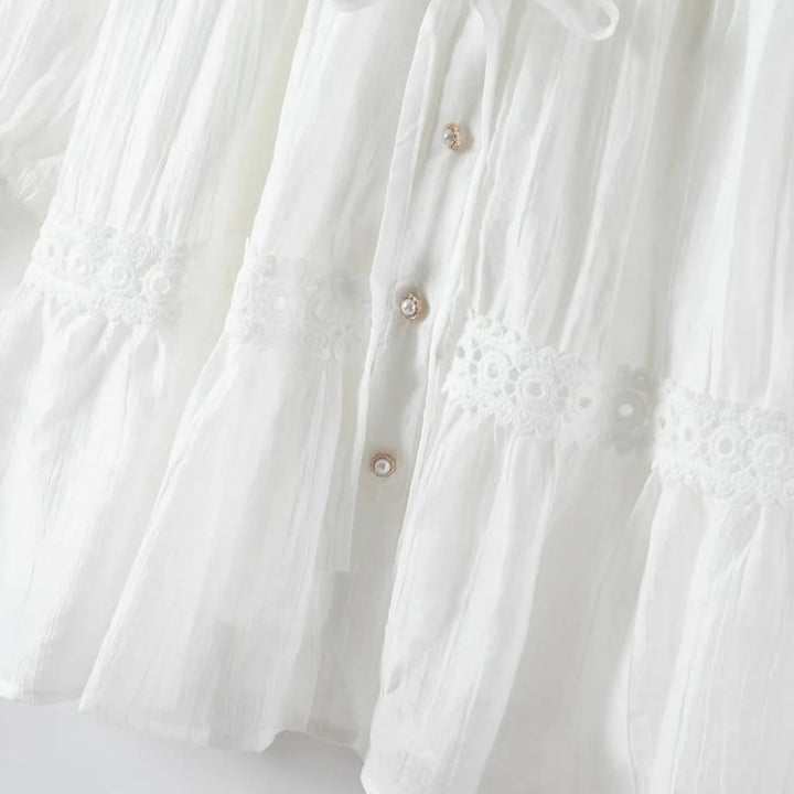 Buddha Stones Abito midi in cotone da donna con maniche lunghe, bottoni e revers, in patchwork di pizzo, con lacci - image 8