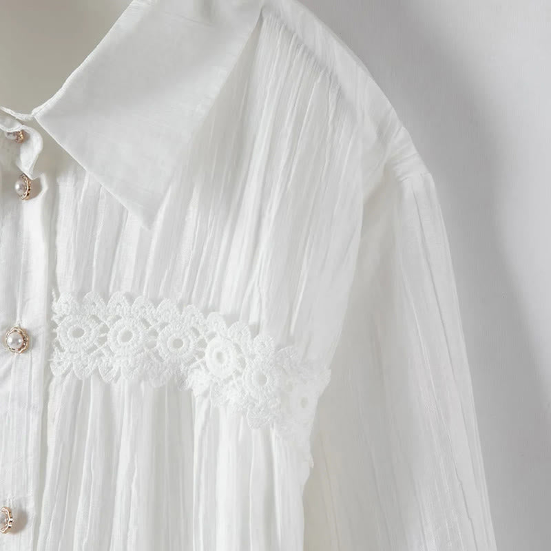 Buddha Stones Abito midi in cotone da donna con maniche lunghe, bottoni e revers, in patchwork di pizzo, con lacci - image 6