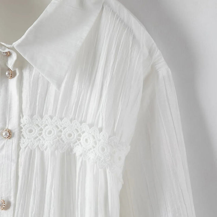 Buddha Stones Abito midi in cotone da donna con maniche lunghe, bottoni e revers, in patchwork di pizzo, con lacci - image 6