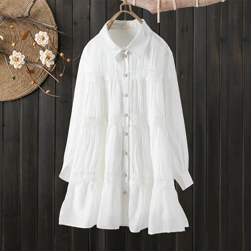 Buddha Stones Abito midi in cotone da donna con maniche lunghe, bottoni e revers, in patchwork di pizzo, con lacci - Bianco - US4， UK/AU8，EU36-38 (F) - image 1