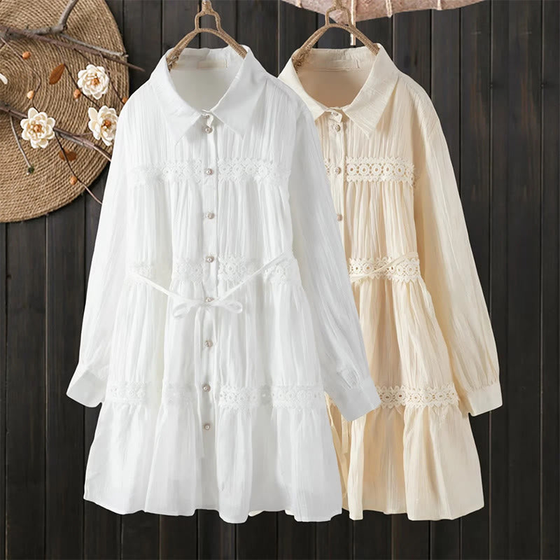 Buddha Stones Abito midi in cotone da donna con maniche lunghe, bottoni e revers, in patchwork di pizzo, con lacci - image 14