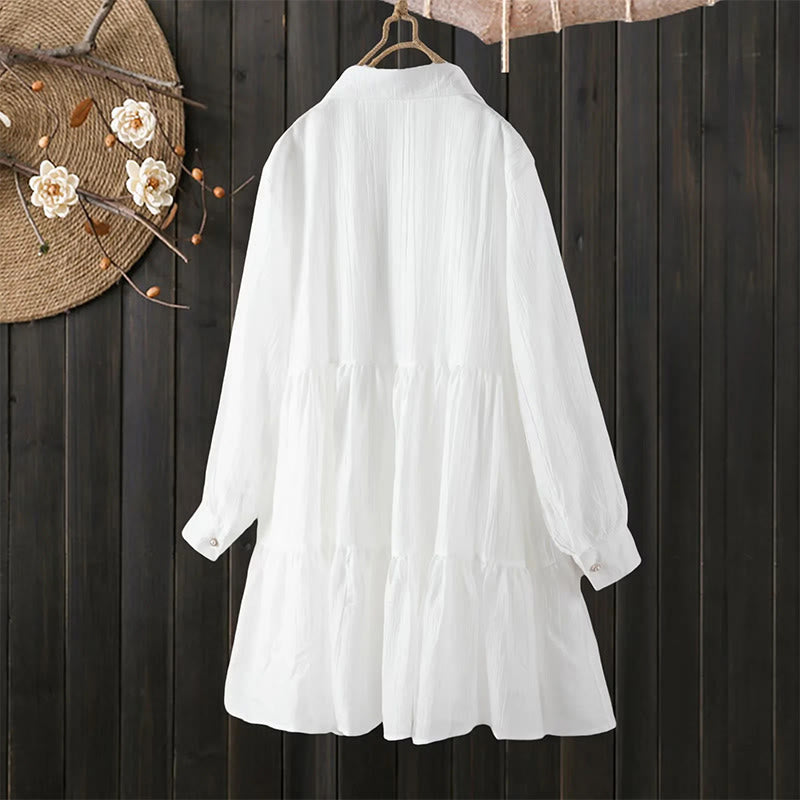 Buddha Stones Abito midi in cotone da donna con maniche lunghe, bottoni e revers, in patchwork di pizzo, con lacci - image 2