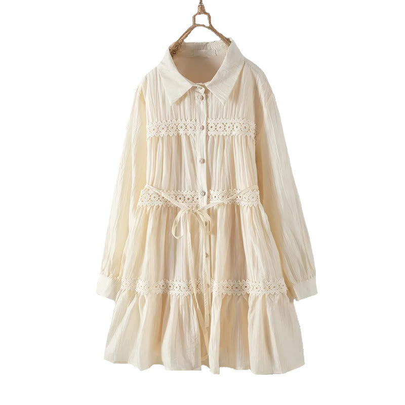 Buddha Stones Abito midi in cotone da donna con maniche lunghe, bottoni e revers, in patchwork di pizzo, con lacci - image 13