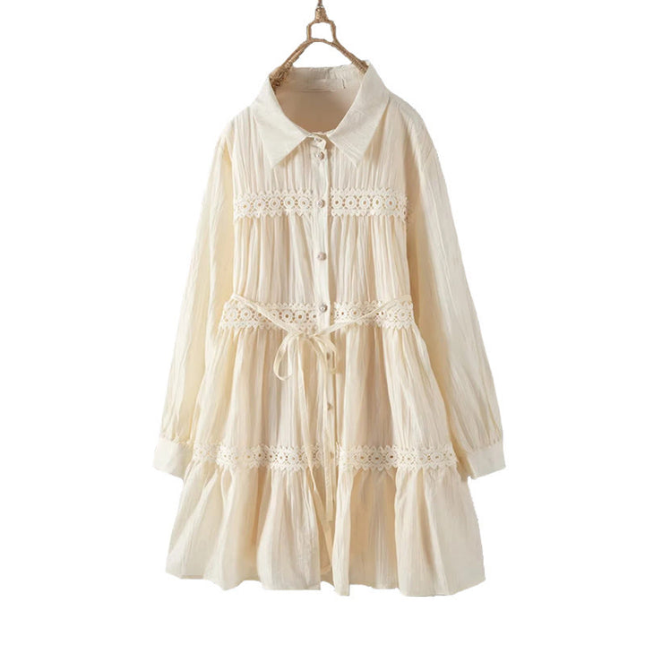 Buddha Stones Abito midi in cotone da donna con maniche lunghe, bottoni e revers, in patchwork di pizzo, con lacci - image 13