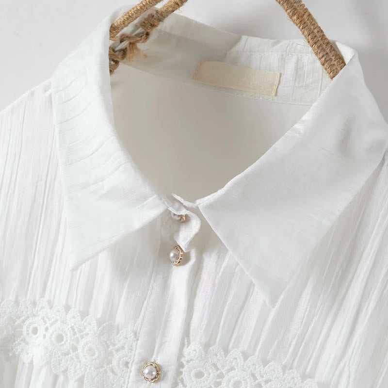 Buddha Stones Abito midi in cotone da donna con maniche lunghe, bottoni e revers, in patchwork di pizzo, con lacci - image 3