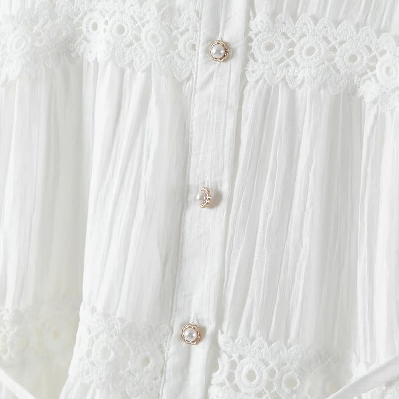 Buddha Stones Abito midi in cotone da donna con maniche lunghe, bottoni e revers, in patchwork di pizzo, con lacci - image 5