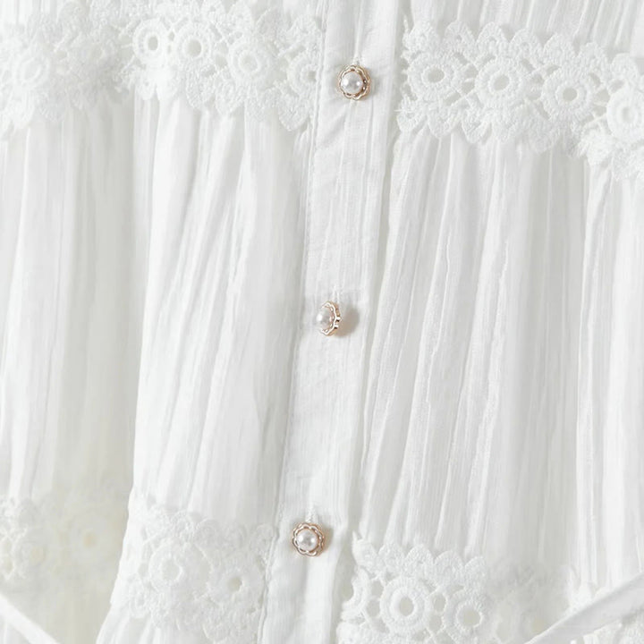 Buddha Stones Abito midi in cotone da donna con maniche lunghe, bottoni e revers, in patchwork di pizzo, con lacci - image 5