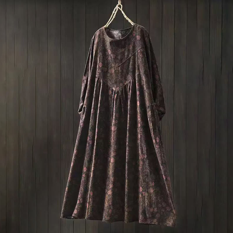Buddha Stones Abito lungo da donna in cotone con maniche lunghe, modello a trapezio, motivo floreale retrò - Marrone sella - US4-8/10， UK/AU8-12/14，EU36-40/42 (F) - image 13