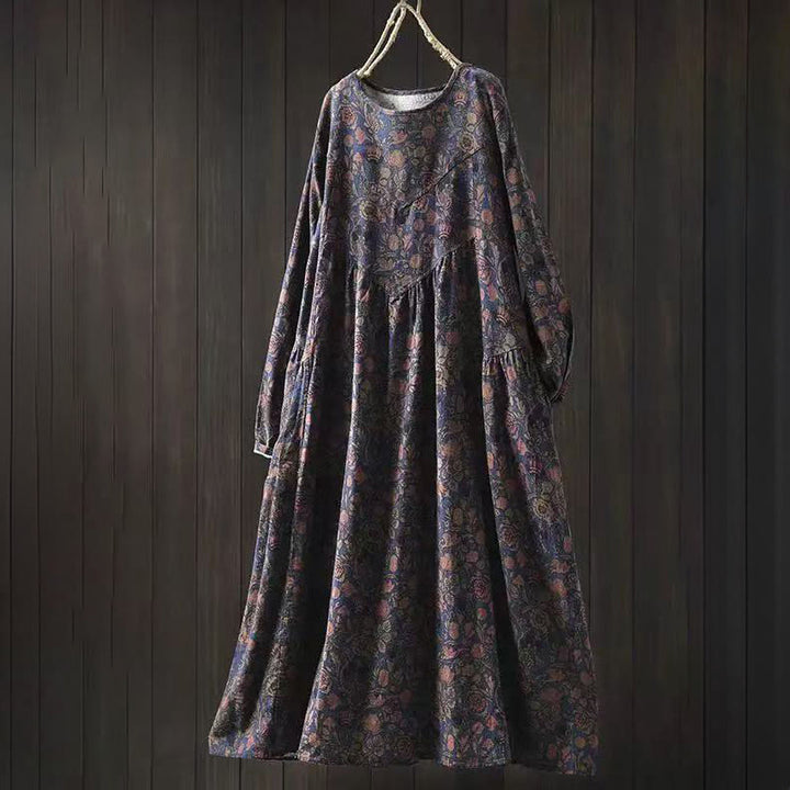 Buddha Stones Abito lungo da donna in cotone con maniche lunghe, modello a trapezio, motivo floreale retrò - Blu scuro - US4-8/10， UK/AU8-12/14，EU36-40/42 (F) - image 11