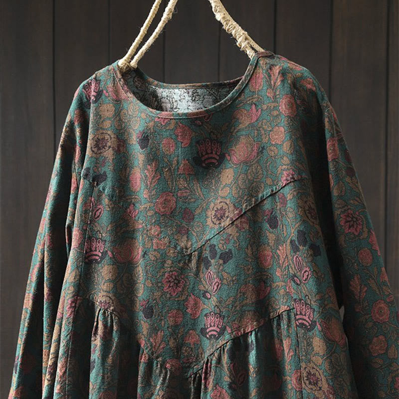 Buddha Stones Abito lungo da donna in cotone con maniche lunghe, modello a trapezio, motivo floreale retrò - image 1