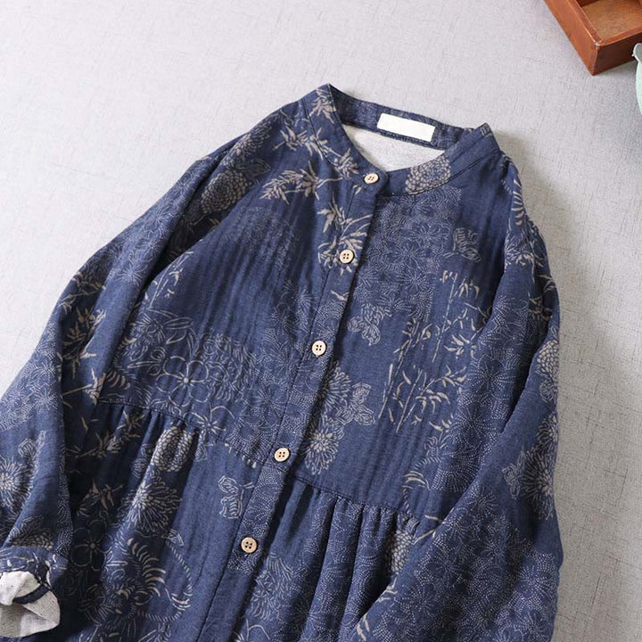 Buddha Stones Abito midi da donna in cotone con maniche lunghe, bottoni e tasche, motivo floreale in bambù - image 4