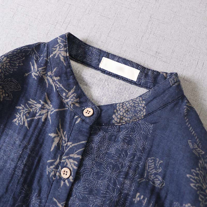 Buddha Stones Abito midi da donna in cotone con maniche lunghe, bottoni e tasche, motivo floreale in bambù - image 5