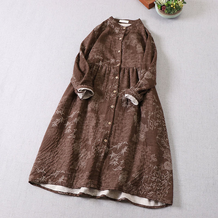 Buddha Stones Abito midi da donna in cotone con maniche lunghe, bottoni e tasche, motivo floreale in bambù - image 10