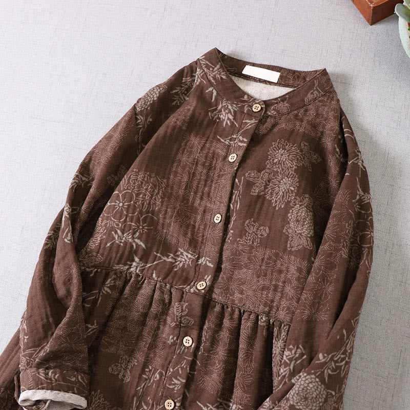 Buddha Stones Abito midi da donna in cotone con maniche lunghe, bottoni e tasche, motivo floreale in bambù - image 11