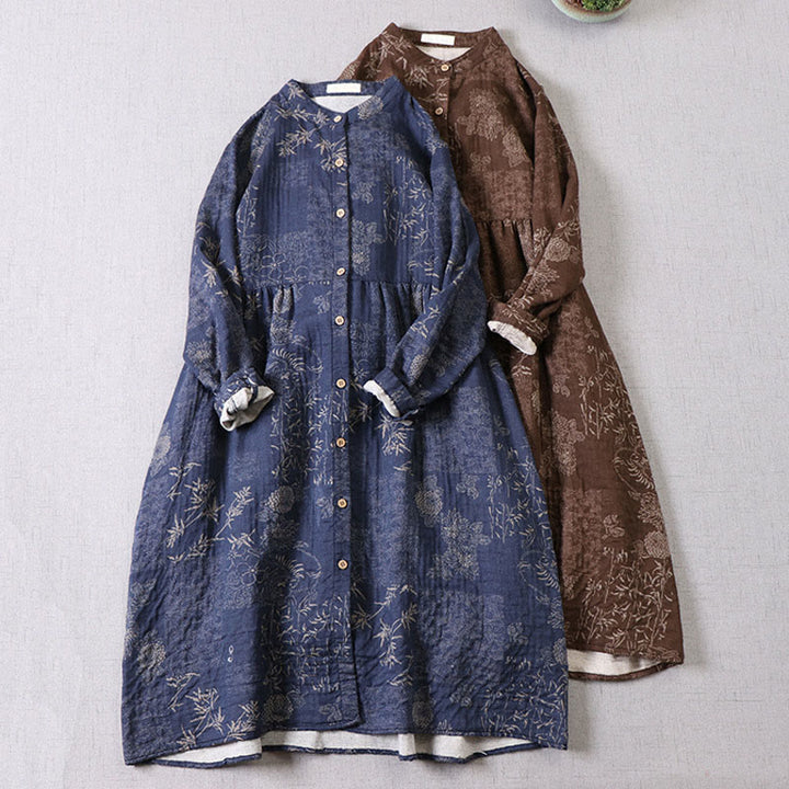 Buddha Stones Abito midi da donna in cotone con maniche lunghe, bottoni e tasche, motivo floreale in bambù - image 0