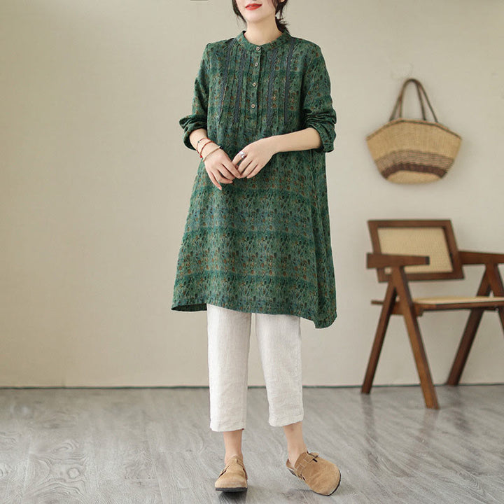 Buddha Stones Camicia a maniche lunghe da donna con pieghe a fisarmonica, stampa floreale retrò e tasche - image 19