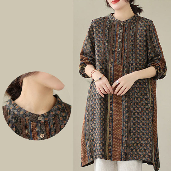 Buddha Stones Camicia a maniche lunghe da donna con pieghe a fisarmonica, stampa floreale retrò e tasche - image 8