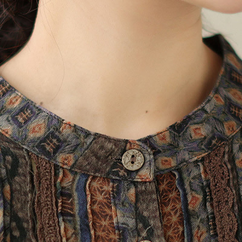 Buddha Stones Camicia a maniche lunghe da donna con pieghe a fisarmonica, stampa floreale retrò e tasche - image 10