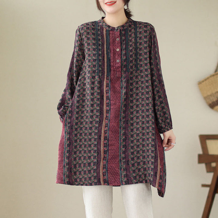 Buddha Stones Camicia a maniche lunghe da donna con pieghe a fisarmonica, stampa floreale retrò e tasche - Rosso scuro - US8-10, UK/AU12-14, EU40-42 (2XL) - image 13