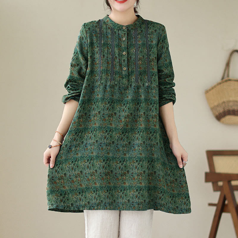 Buddha Stones Camicia a maniche lunghe da donna con pieghe a fisarmonica, stampa floreale retrò e tasche - image 18