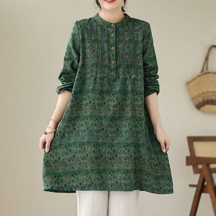Buddha Stones Camicia a maniche lunghe da donna con pieghe a fisarmonica, stampa floreale retrò e tasche - image 18