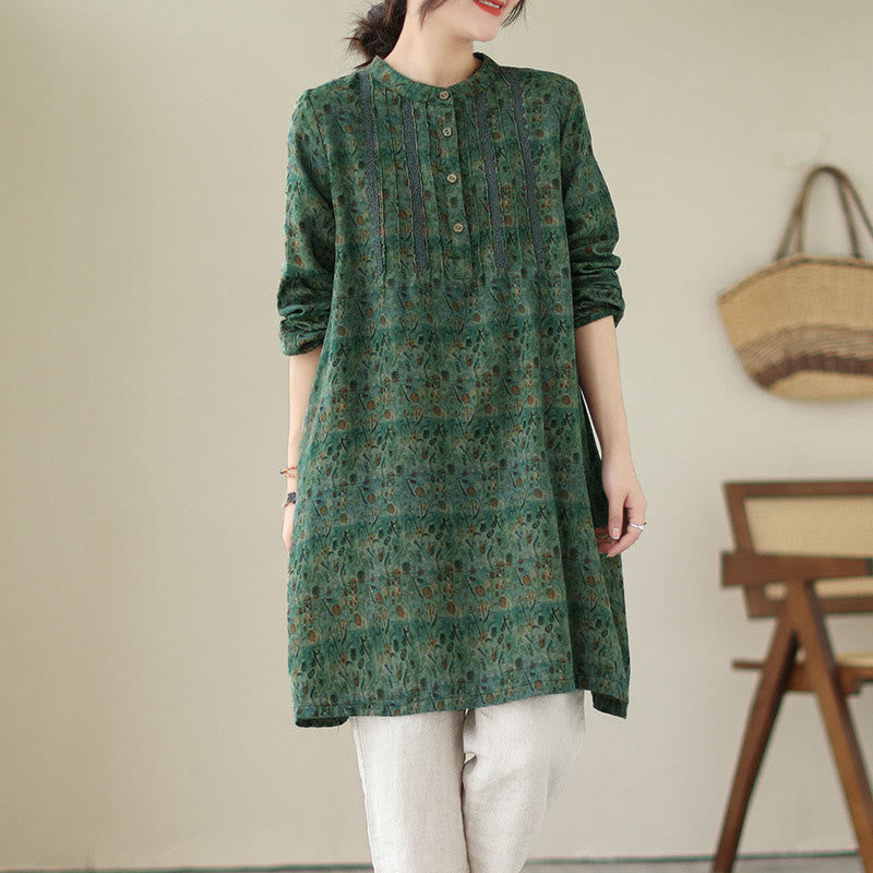 Buddha Stones Camicia a maniche lunghe da donna con pieghe a fisarmonica, stampa floreale retrò e tasche - SeaGreen - US8-10, UK/AU12-14, EU40-42 (2XL) - image 16
