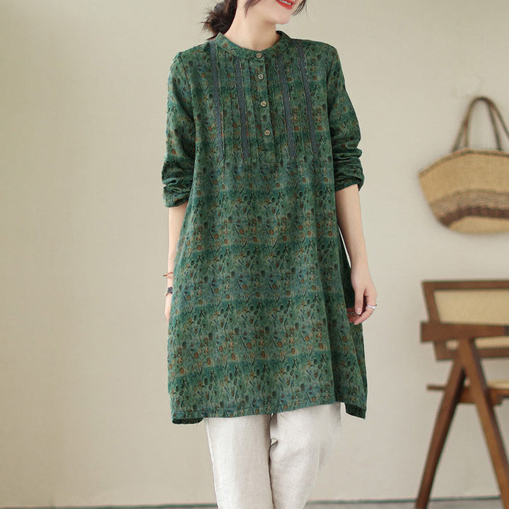 Buddha Stones Camicia a maniche lunghe da donna con pieghe a fisarmonica, stampa floreale retrò e tasche - SeaGreen - US8-10, UK/AU12-14, EU40-42 (2XL) - image 16