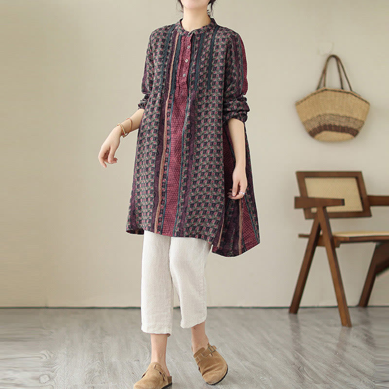 Buddha Stones Camicia a maniche lunghe da donna con pieghe a fisarmonica, stampa floreale retrò e tasche - image 14