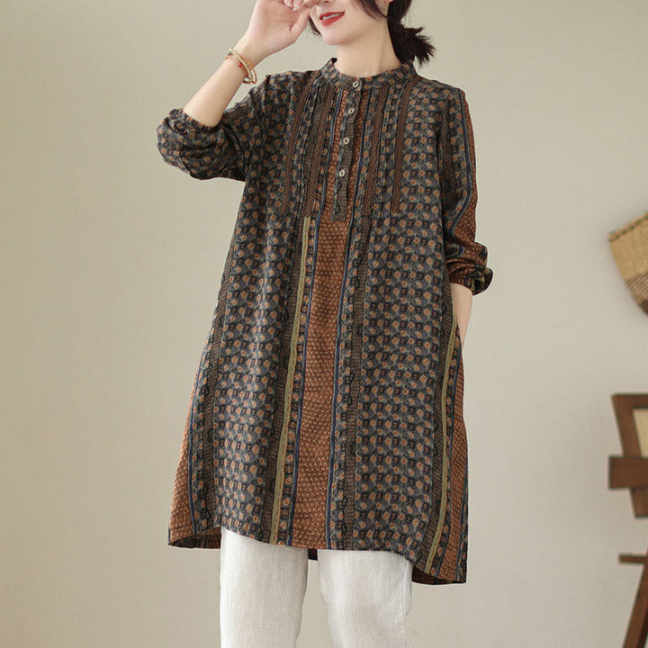 Buddha Stones Camicia a maniche lunghe da donna con pieghe a fisarmonica, stampa floreale retrò e tasche - Marrone sella - US8-10, UK/AU12-14, EU40-42 (2XL) - image 0