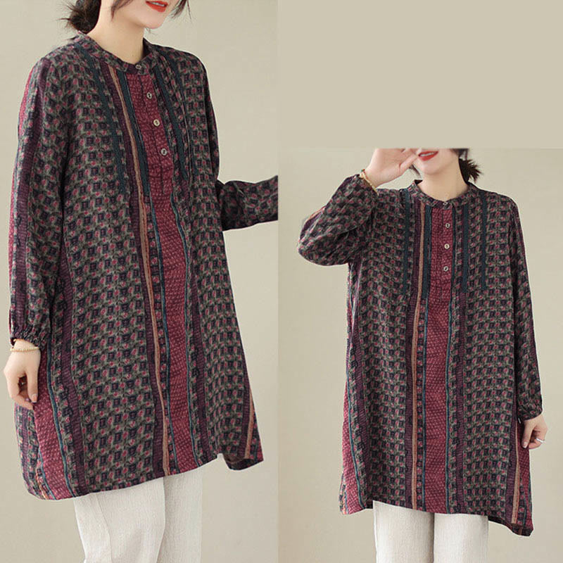 Buddha Stones Camicia a maniche lunghe da donna con pieghe a fisarmonica, stampa floreale retrò e tasche - image 15