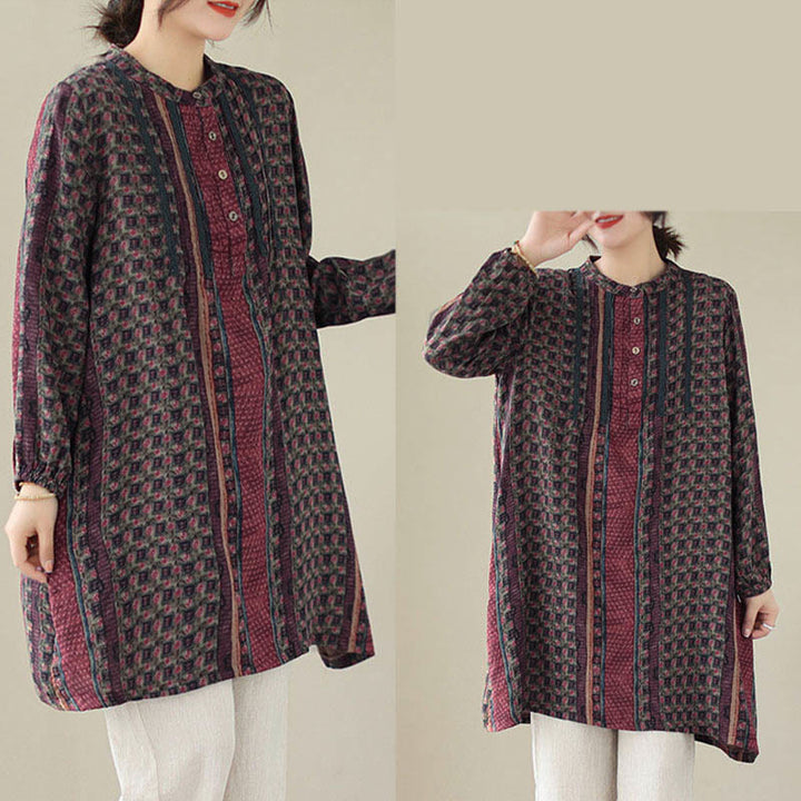 Buddha Stones Camicia a maniche lunghe da donna con pieghe a fisarmonica, stampa floreale retrò e tasche - image 15