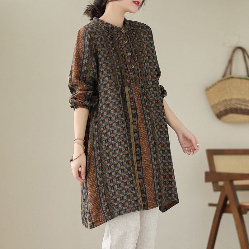 Buddha Stones Camicia a maniche lunghe da donna con pieghe a fisarmonica, stampa floreale retrò e tasche - image 1