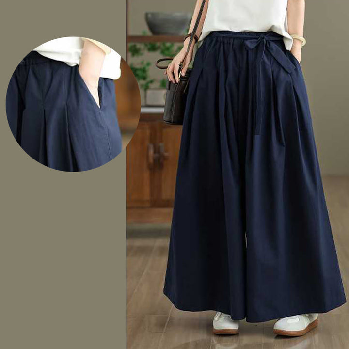 Buddha Stones Pantaloni da donna con elastico in vita e gamba larga, blu scuro, con lacci e tasche - image 8