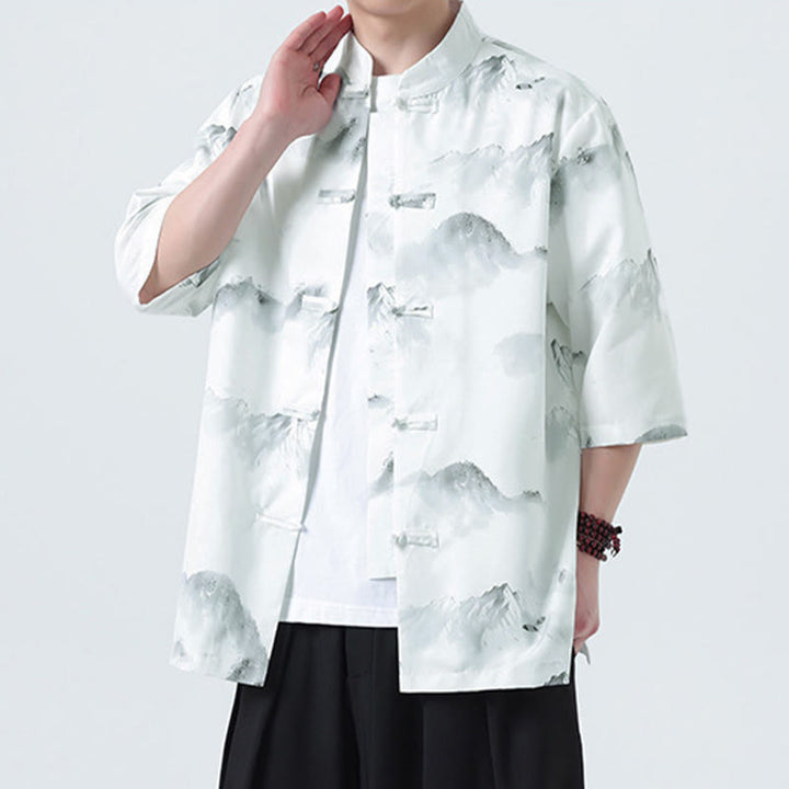 Buddha Stones Camicie da uomo a mezza manica con bottoni a forma di rana e motivo paesaggistico con stampa a inchiostro cinese - image 15