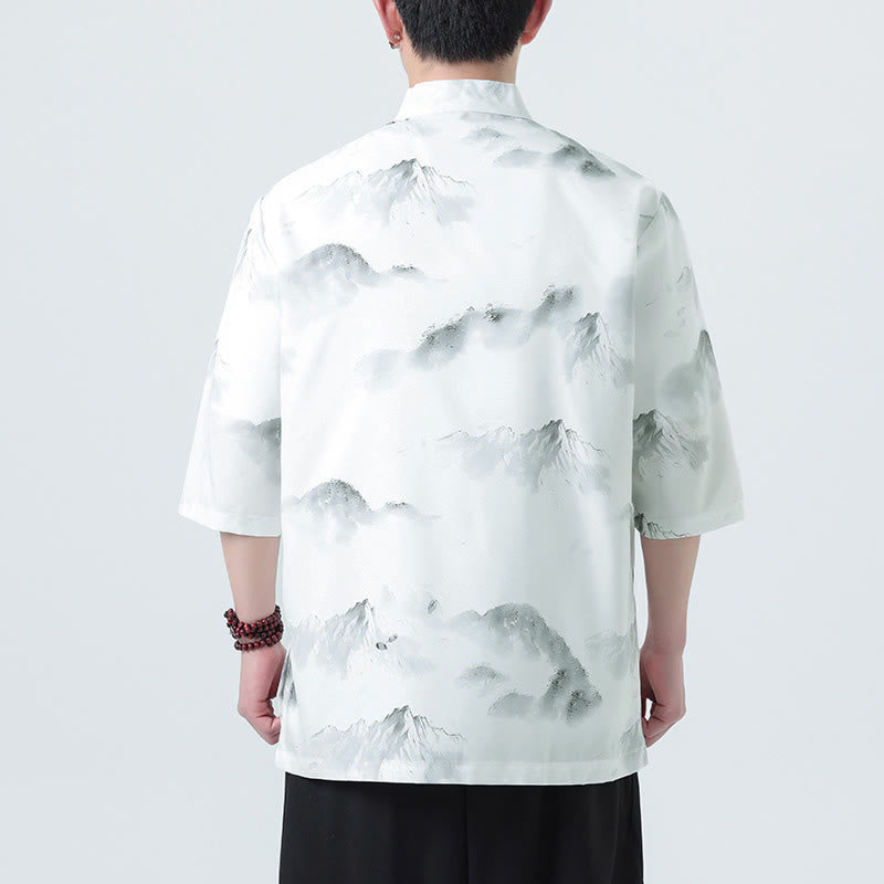 Buddha Stones Camicie da uomo a mezza manica con bottoni a forma di rana e motivo paesaggistico con stampa a inchiostro cinese - image 13