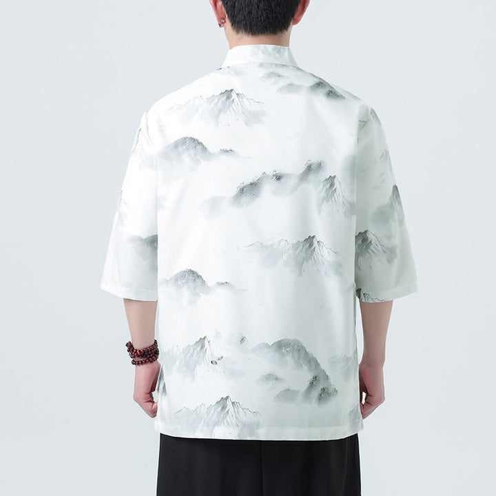 Buddha Stones Camicie da uomo a mezza manica con bottoni a forma di rana e motivo paesaggistico con stampa a inchiostro cinese - image 13