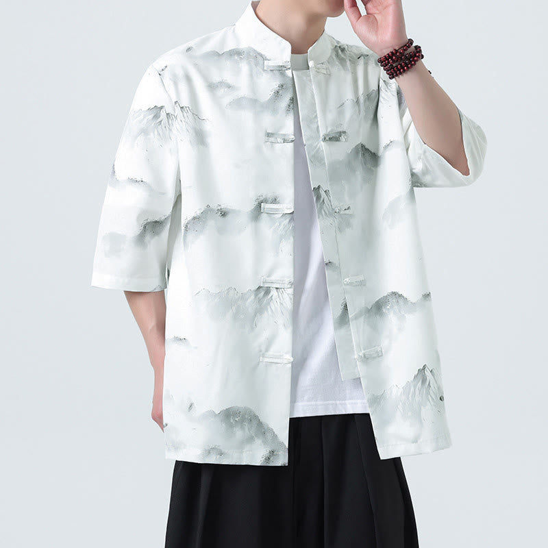 Buddha Stones Camicie da uomo a mezza manica con bottoni a forma di rana e motivo paesaggistico con stampa a inchiostro cinese - image 17