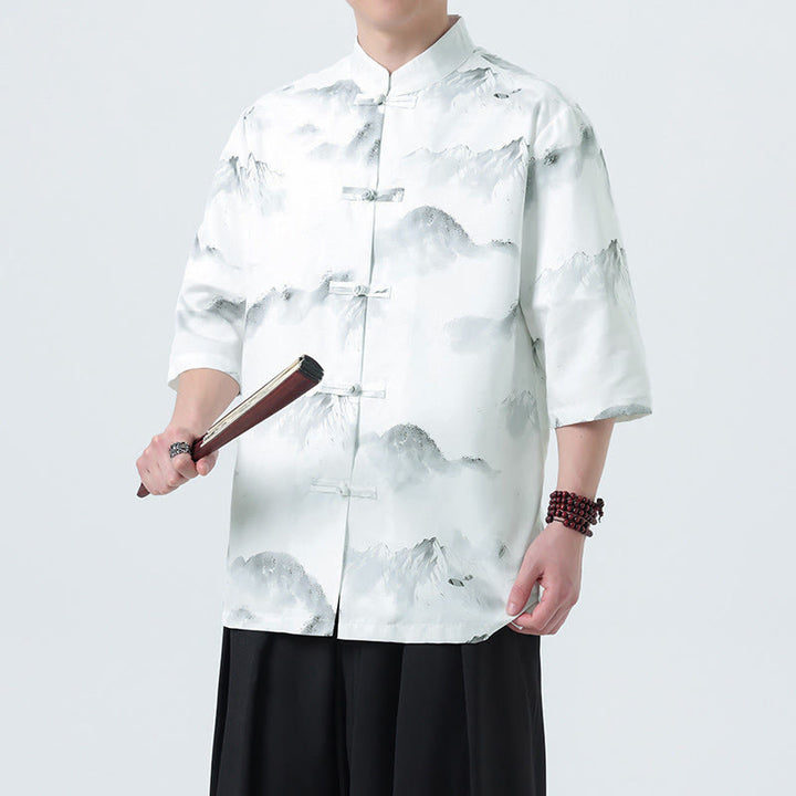 Buddha Stones Camicie da uomo a mezza manica con bottoni a forma di rana e motivo paesaggistico con stampa a inchiostro cinese - Modello di montagna - US/UK/AU46, EU56 (5XL) - image 10