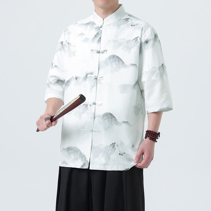 Buddha Stones Camicie da uomo a mezza manica con bottoni a forma di rana e motivo paesaggistico con stampa a inchiostro cinese - Modello di montagna - US/UK/AU46, EU56 (5XL) - image 10