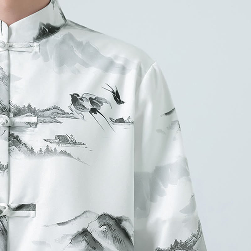 Buddha Stones Camicie da uomo a mezza manica con bottoni a forma di rana e motivo paesaggistico con stampa a inchiostro cinese - image 9