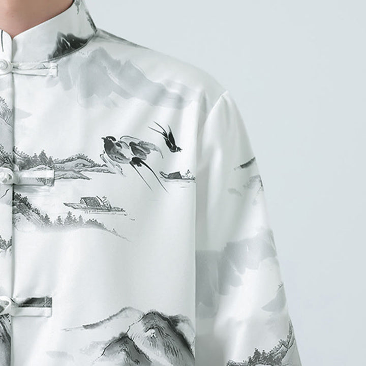 Buddha Stones Camicie da uomo a mezza manica con bottoni a forma di rana e motivo paesaggistico con stampa a inchiostro cinese - image 9