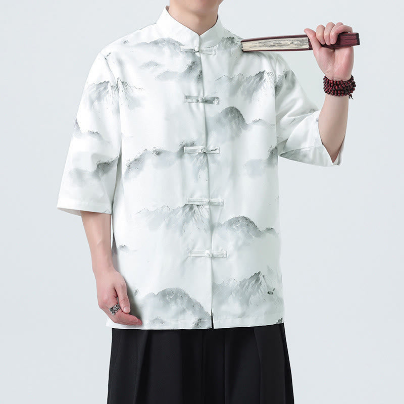 Buddha Stones Camicie da uomo a mezza manica con bottoni a forma di rana e motivo paesaggistico con stampa a inchiostro cinese - image 11