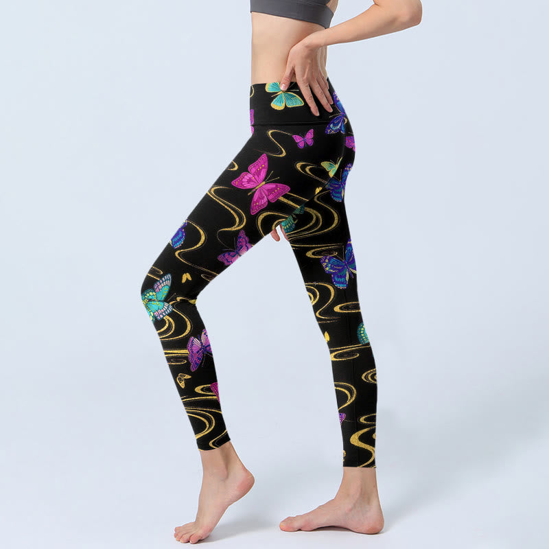 Buddha Stones Splendidi leggings da palestra con stampa a farfalla ad alto contrasto, pantaloni da yoga da donna - image 2