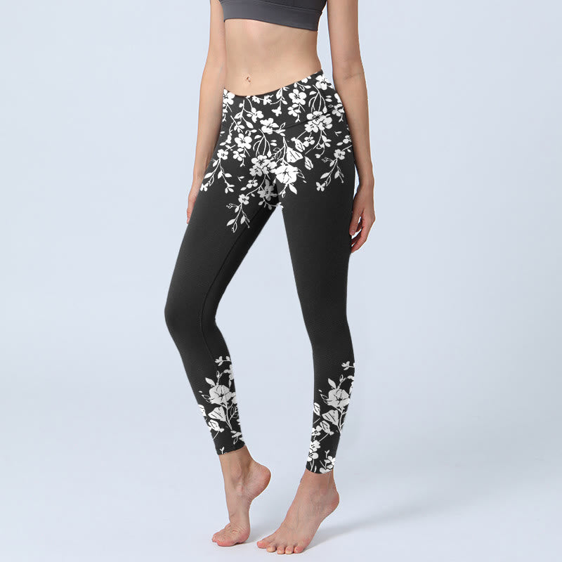 Buddha Stones Splendidi leggings da palestra con stampa floreale in stile minimalista, pantaloni da yoga da donna - Nero - US18, UK/AU22, EU50 (4XL) - image 0