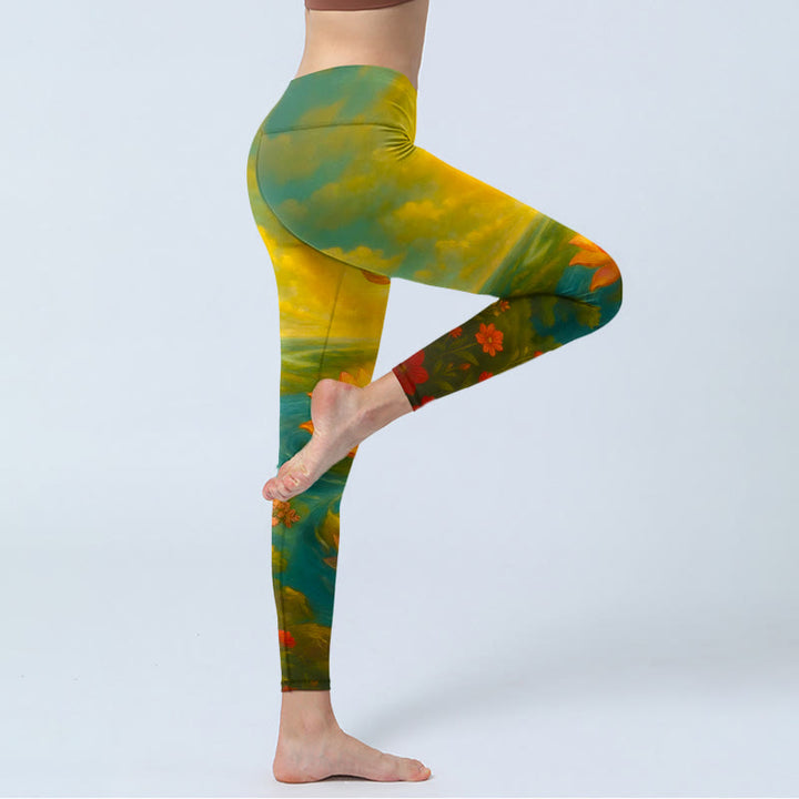 Buddha Stones Leggings da palestra con stampa simmetrica del simbolo Om, fiore di loto, piccolo albero di fiori, motivo a nuvola, pantaloni da yoga da donna - image 3