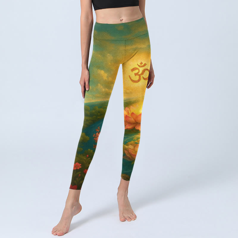 Buddha Stones Leggings da palestra con stampa simmetrica del simbolo Om, fiore di loto, piccolo albero di fiori, motivo a nuvola, pantaloni da yoga da donna - image 5