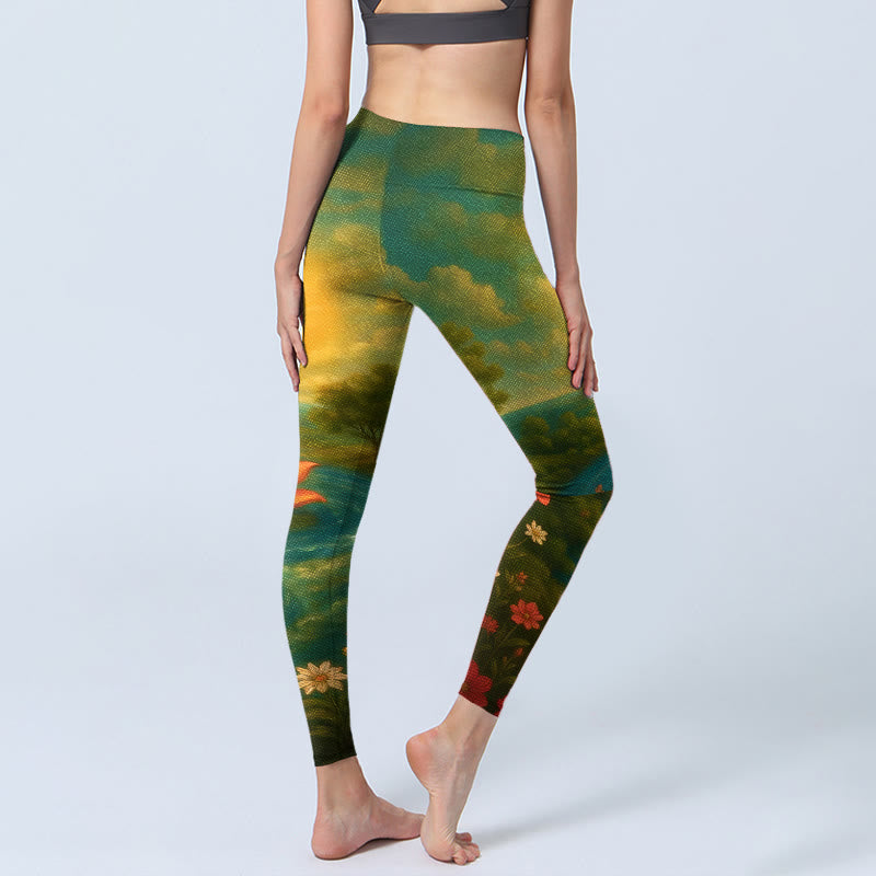 Buddha Stones Leggings da palestra con stampa simmetrica del simbolo Om, fiore di loto, piccolo albero di fiori, motivo a nuvola, pantaloni da yoga da donna - image 4