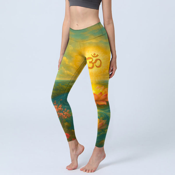 Buddha Stones Leggings da palestra con stampa simmetrica del simbolo Om, fiore di loto, piccolo albero di fiori, motivo a nuvola, pantaloni da yoga da donna - Verde - US18, UK/AU22, EU50 (4XL) - image 0