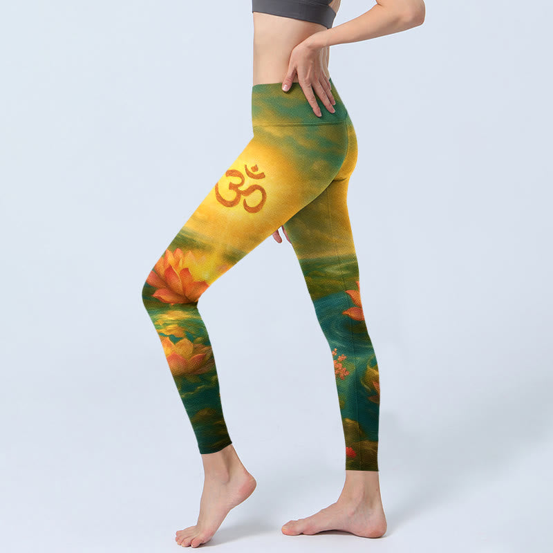 Buddha Stones Leggings da palestra con stampa simmetrica del simbolo Om, fiore di loto, piccolo albero di fiori, motivo a nuvola, pantaloni da yoga da donna - image 2